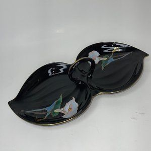 Vintage Yamaji Japan Condiment Tray Dish Black Ceramic Gold Trim Calla Lily